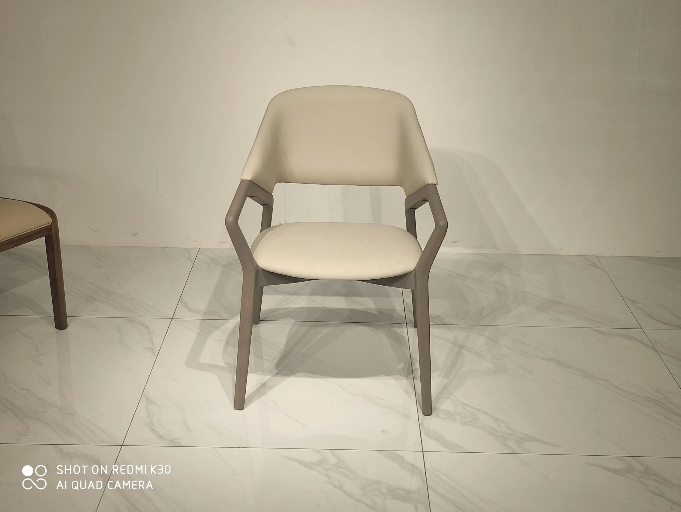 Nordic Modern Style Armrest Living Room Kitchen Restaurant Cafe Chair PU Leather Wooden Light Grey Dining Chair