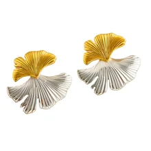 Fashionable Minimalist Geometric Elliptical Pleated Texture Ginkgo Leaf Contrast Color Stainless Steel Women's Earrings