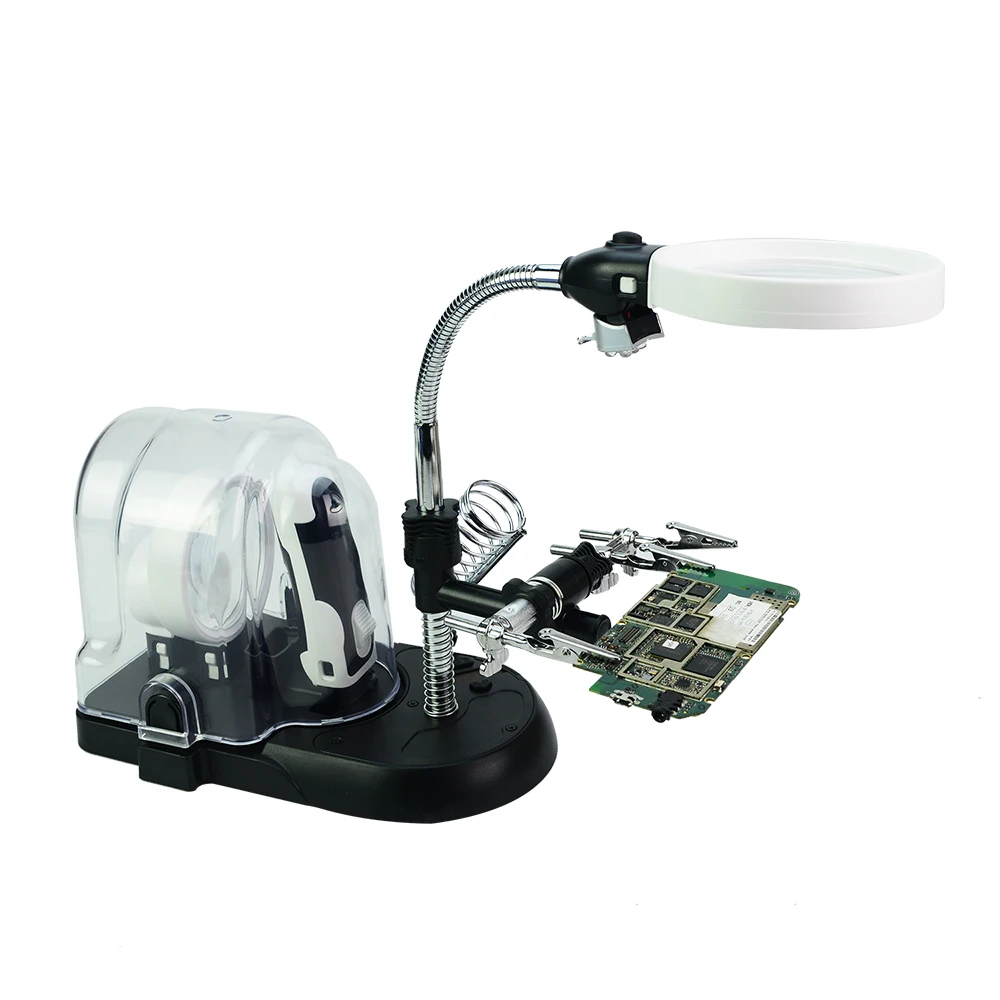 NO.7761 6 LED Rechargeable Auxiliary Clip Desk Lamp Magnifier Heavy Base Magnifying Glass Stand with Auxiliary Clamp