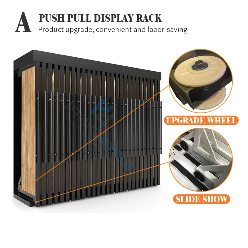 Custom Pull Push Rotate Hardwood Flooring Frame Parquet Laminate Floors Oak Stand Showroom Sliding Wooden Flooring Display Rack