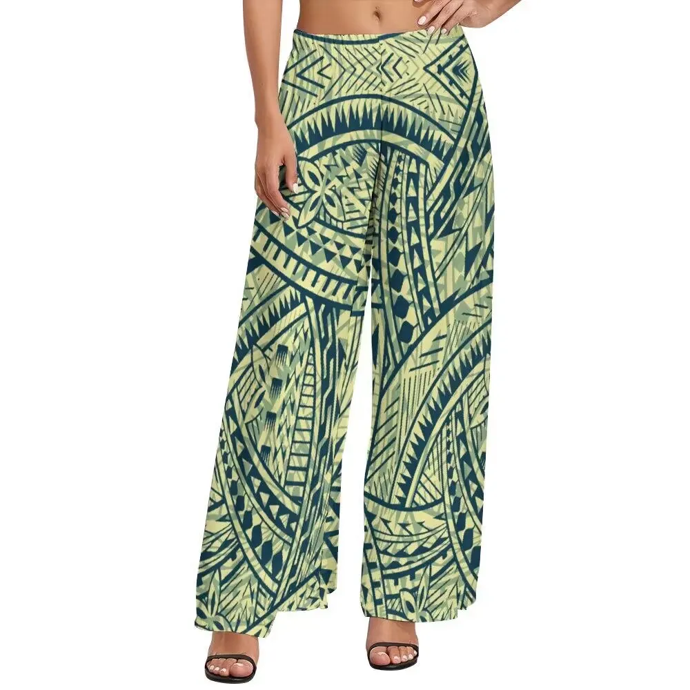 Casual Women's Wide Leg Pants Green Polynesian Print