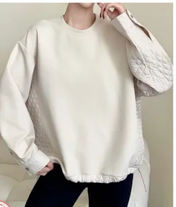 Wholesale autumn 2026 new fashion casual retro pullover top splicing padded cotton warm long sleeve crew neck women sweater