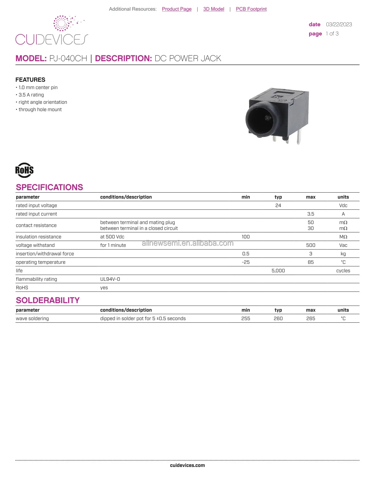 Hot sale Original PJ-040CH Power Barrel Connector Jack 1 mm 3.40mm OD Through Hole Right Angle Black Board Guide