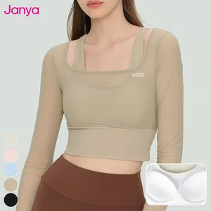 Janya Nude Feel Quick Dry Breathable Four-Way Stretch Gym Clothing Fixed Cups Cropped Sports Shirts Long Sleeve Yoga Crop Tops