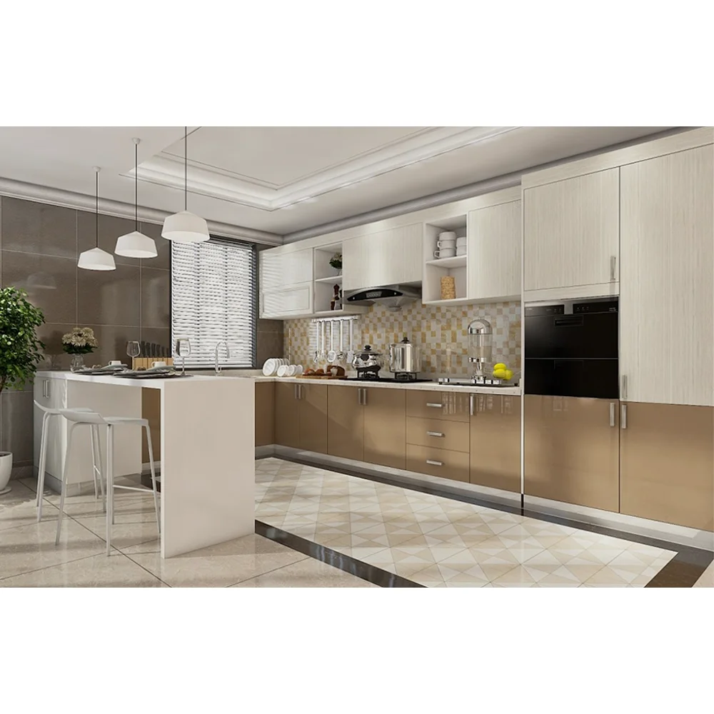 Modern Design Handless MDF board Kitchen Cabinets High Gloss Lacquer Pullout Kitchen Cabinet With Island