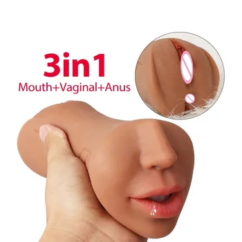 Realistic Oral Double Head Masturbator Cup Three-Channels Deep Throat Elastic Odorless Airplane Cup for Men