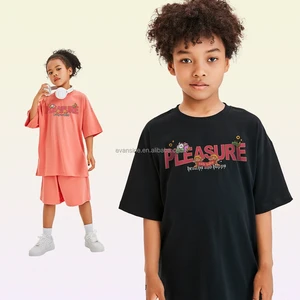 Customizable Kids Apparel Set Short Sleeve T Shirt Shorts with PLEASURE Cartoon Print Cotton Casual Outfit Multi Colors