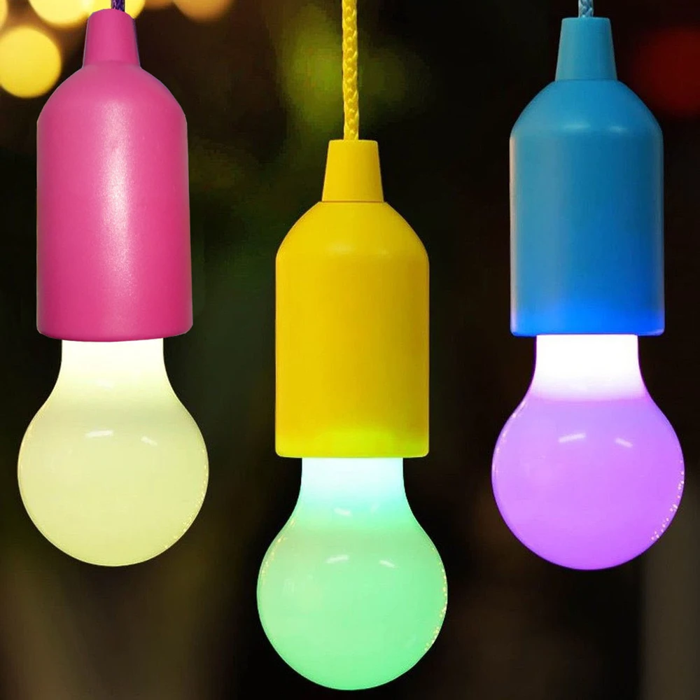 Colorful LED Hanging Lamp Bulb Portable Drawstring Retro Lighting Home Tent Camping Light Pull Cord Led Bulb Battery Powered