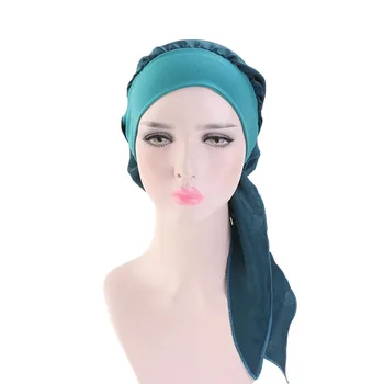 Wholesale Classic Solid Color Muslim Hijab Cap Trendy Two Draws Long Tail Shawl Turban For Women
