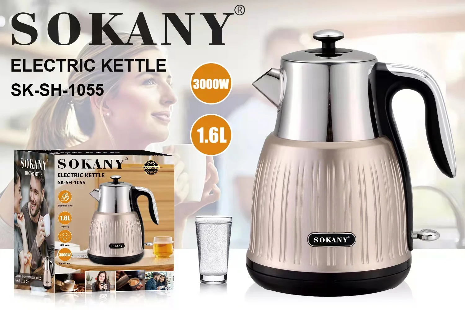 1pc Sokany Plug-in Type 1l High Power Electric Kettle Sk-613