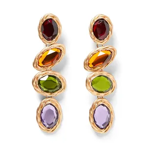 Retro Geometric Trendy 18K Gold Plated Women's Glass Crystal Exaggerated Drop Earrings Versatile Long Colored Party Wedding