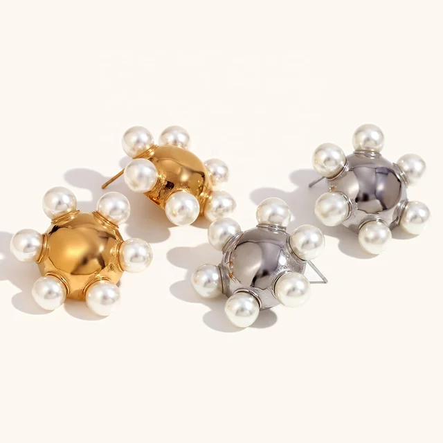 Dingran EARRING Pearl Round Stud Glossy Earring Hypoallergenic Waterproof Gold Plated Jewelry
