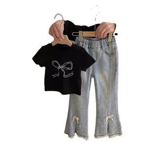 2026 Summer Casual Kids Outfits Bow Print Short Sleeve T Shirt Top Beaded Slit Jeans 2Pcs Boutique Clothing for Girls