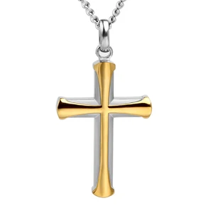 Classic Two Tone Gold & Silver Color Stainless Steel Cross Pendant with Box Chain Men's Gold IP Finish Fashionable Cross Pendant