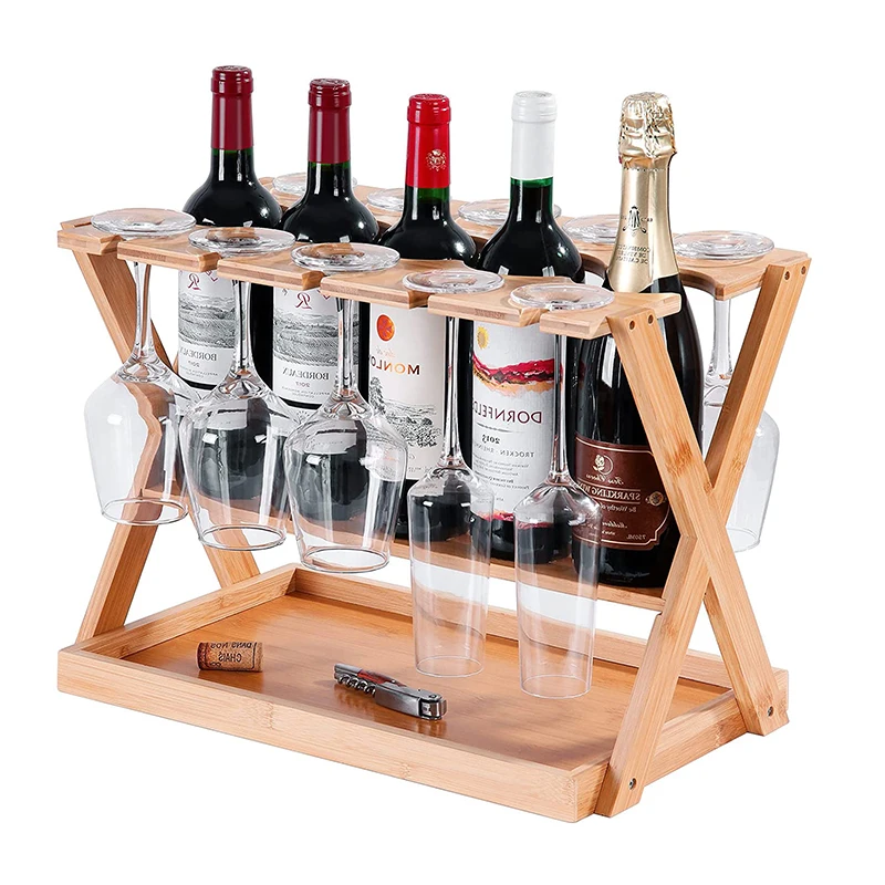 Wholesale Bamboo Countertop 5 Bottles Organizer Holder With Storage Tray Wine Glass Display Holder Wine Bar Display Rack