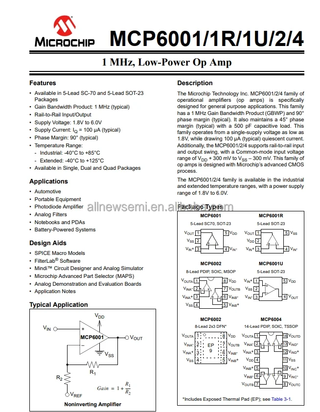 Hot sale Original MCP6001T-E/OT Amplifier IC OPAMP GP 1 CIRCUIT General Purpose Amplifier 1 Circuit Rail-to-Rail SOT-23-5