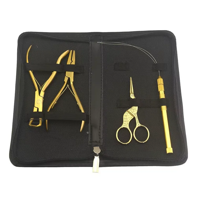 HARMONY Gold Black Rainbow Salon Hair Extension Tools Kit With Micro Rings Beads Opener Closer Pliers Loop and Crane Scissors
