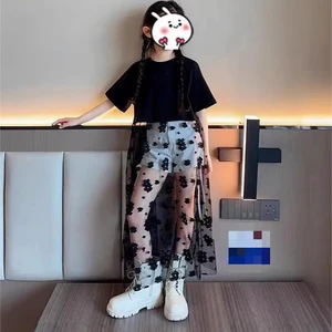 2026 New Korean Summer Girls Clothing Set Short Sleeved Mesh Patchwork T Shirt Zipper Drawstring Shorts 2Pcs Children Clothes