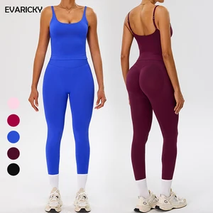 Evaricky Women Seamless Workout Set Yoga Outfit Backless Sports Tank Top 2 Piece Fitness Clothing Scrunch Butt Leggings Sets