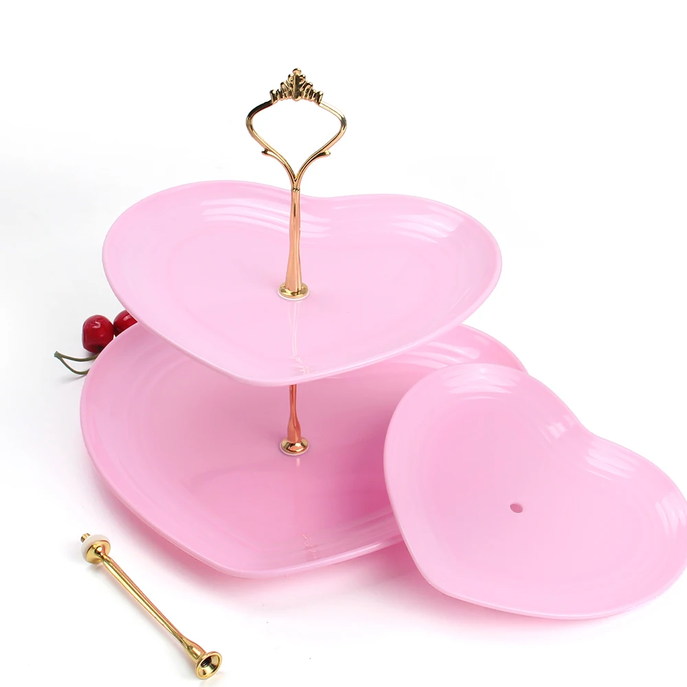 Plastic Pink Color 3trays Heart Shape Cake Decoration Stand For
