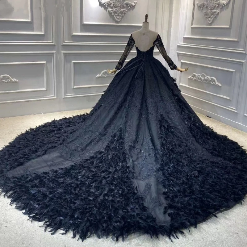 fitted lace wedding dress Elegant Black Wedding Dress with Gold Flower  Ruffle Skirt Black / 20W