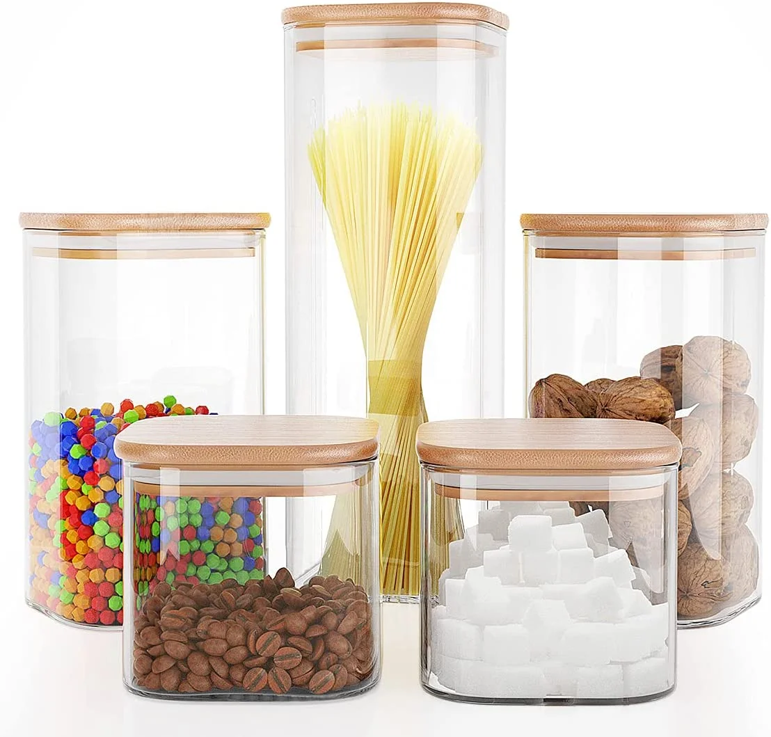 Oem Size Airtight High Borosilicate Round Square Glass Food Storage Container  Jars With Bamboo Lids