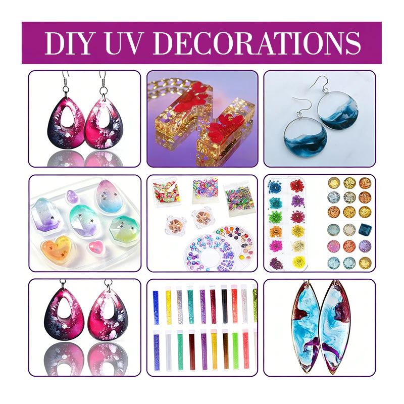 TOYSRUNNER DIY Jewelry Kit Play Resin Crystal Clear Hard UV LED Lamp Silicone Molds Glitter Foil Flowers Pendants Keychains - Image 3