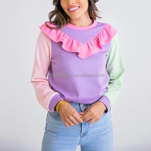 Custom logo Cute Designer Tops Pullover Hoodie Long Sleeve Patchwork Color Block Ruffled Crewneck Sweatshirt for Women