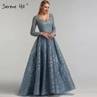Blue Long Sleeves A Line Lace Crystal Beaded Evening Dresses Serene Hill LA60899 Plus Size Formal Party Wear Gowns For Women