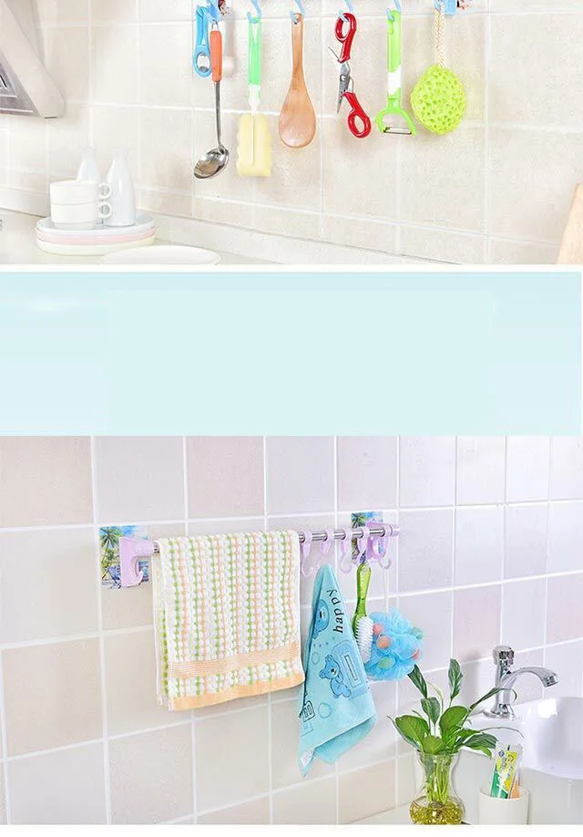 creative Traceless single pole towel rack wall 7 novelty hooks sucker punch free strong paste manufacture