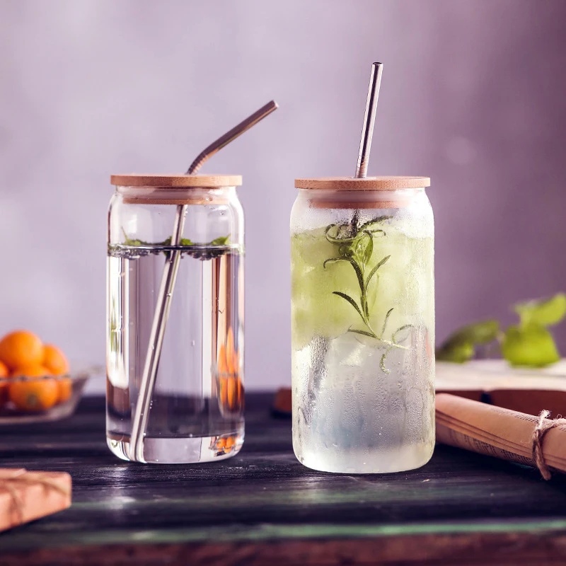 Glass Cups with Bamboo Lids and Glass Straw, Beer Can Shaped