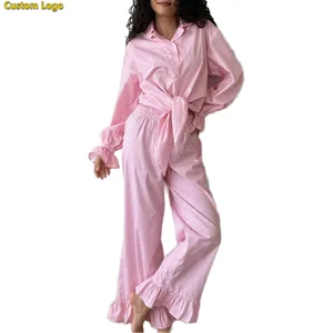 Wholesale Custom Logo Pyjama Home Clothes Ruffle Sleepwear Lapel Full Sleeves 2 Piece Set Pajamas Plaid Loungewear Women Sets