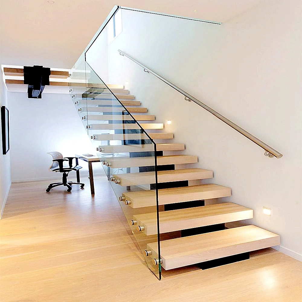 VIKO Modern Mild Steel Mono Stringer Stairs Solid Wood Tread Staircase