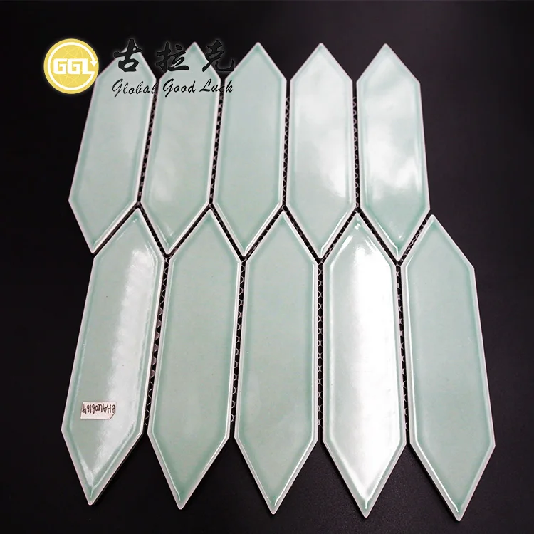 Light Green Long Hexagon Shape Glossy Mosaic Ceramic For Bathroom Wall Tiles