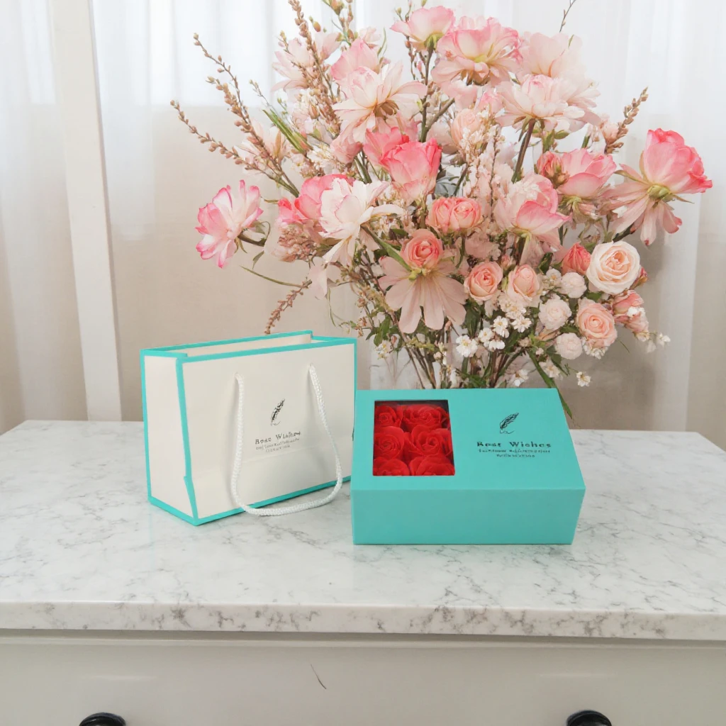 Jinayon Custom Jewelry Packaging Box Artificial Soap Rose Flowers with Sponge Lining Paper Gift Package Box for Valentine's Day