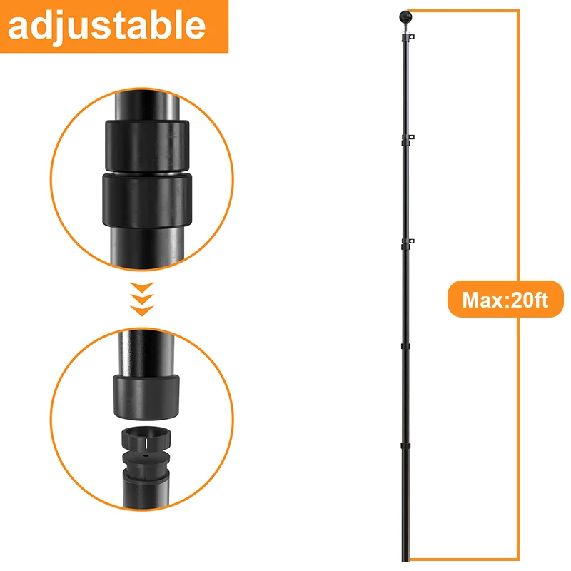 Cydisplay 6m 20ft Black Flag Pole Retractable Telescoping Heavy Duty ...