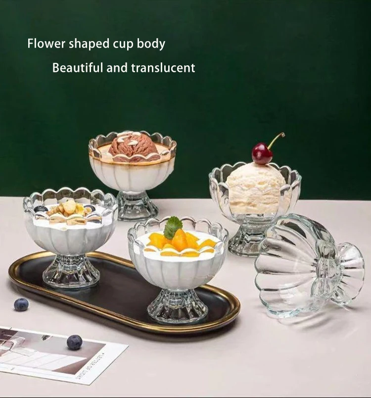 Modern Round Floral Design Glass Ice Cream Cups Bowls Simple Drinkware