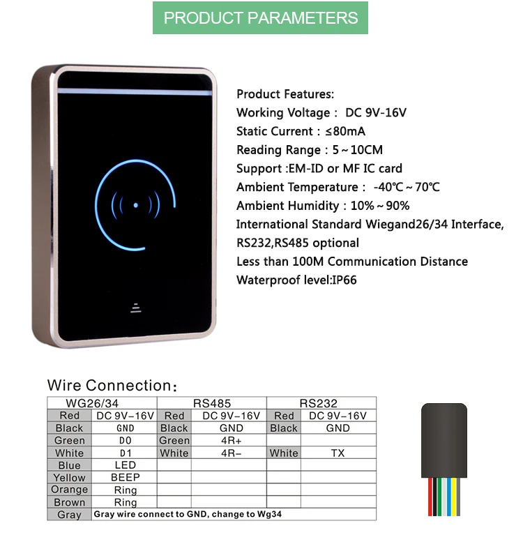 Proximity NFC IC ID Support Smart Card 125K 13.56Mhz Wiegand26/34 RFID Reader Door Access Control Card Reader System