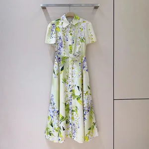 Factory Wholesale Designer Fashion 100% Cotton Dress Women Summer Flower Printed 3D Flower Belt Elegant Poplin Elegant Party