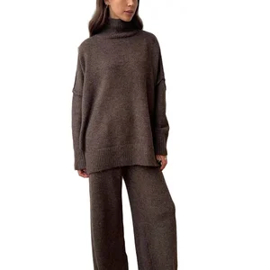 2026 Spring and Autumn New O-Neck Woven Terry Long Ankle Plain Dyed Sweater Set Women Regular Casual Lazy Thick Knit Pants Set