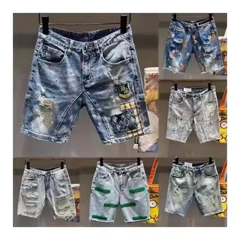 2024 Men's Fashion Denim Shorts with Embroidery Zipper Decorations Streetwear Casual Style Mid Waist Straight Jeans for Summer