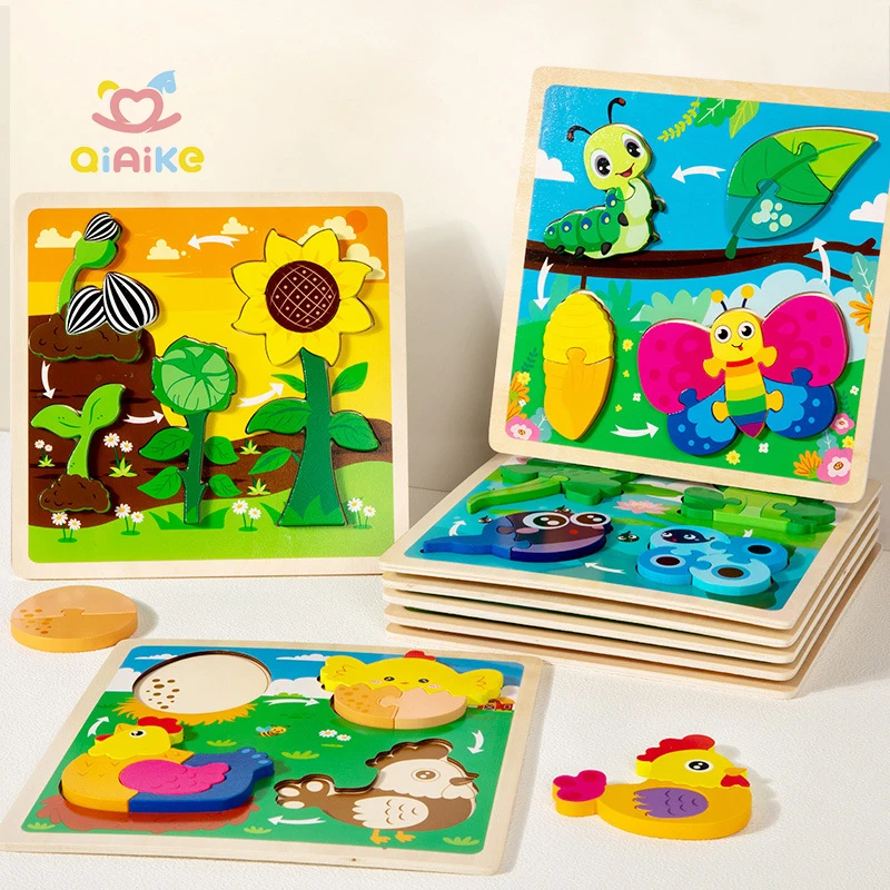 Mała drewniana układanka 3D z dopasowywaniem zwierząt tablica dla dzieci metoda Montessori puzzle do chwytania ręką zagadka o cyklu rozwoju
