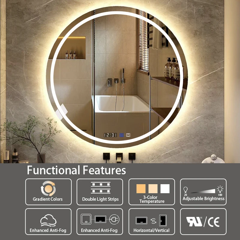 product round anti fog smart makeup led illuminated bathroom mirror touch switch mirror customizable bath mirrors with demister-0