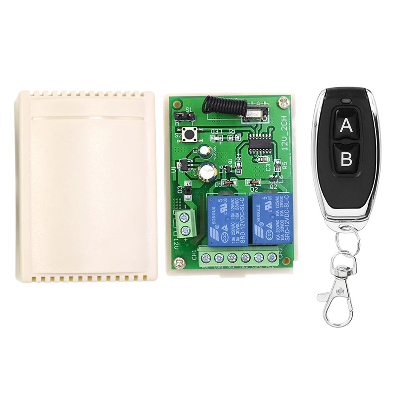 Bkiyougo 12v Relais 433Mhz Afstandsbediening, DC 12V 24V Veilige Afstandsbediening Schakelaar Universele Draadloze 10A Relais Ontvanger Board met 2 Zender Sleutelhangers, voor Motor, Licht, Poortdeur