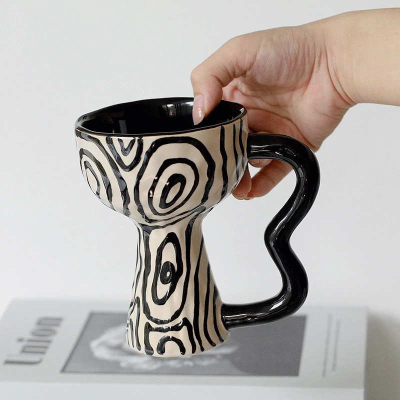 Handmade Embossed Ceramic Breakfast Milk Coffee Tea Water Cup High Foot Vintage Ice Cream Dessert Mug Party Restaurant Drinkware