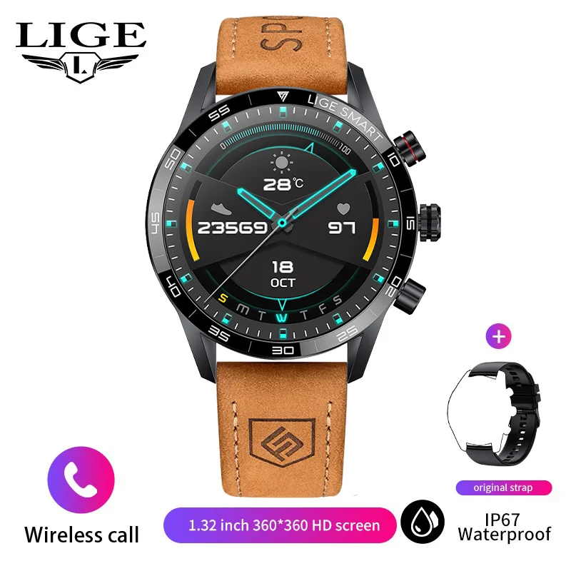 LIGE BW0408 Relógio inteligente masculino de couro marrom com atendimento e realização de chamadas, monitor de atividades...