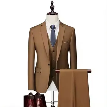 MALE Men's 3 Pieces Suit Elegant Solid One Button Slim Fit Single Breasted Party Blazer Vest Pants Set