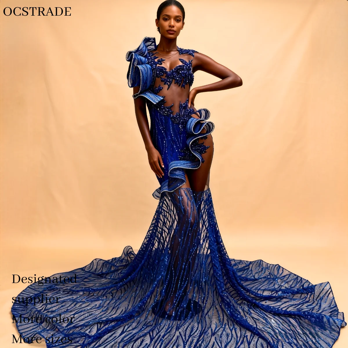 Ocstrade Sequin Ruffle Sheer Mesh Transparent Birthday Elegant Ball Gown  Prom Dress Luxury Royal Blue Rhinestone Prom Dresses