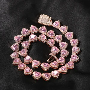 Luxury Hip Hop Alloy Bling Diamond Cubic Zirconia Claw Setting Heart Link Chain Charm Necklace Gift