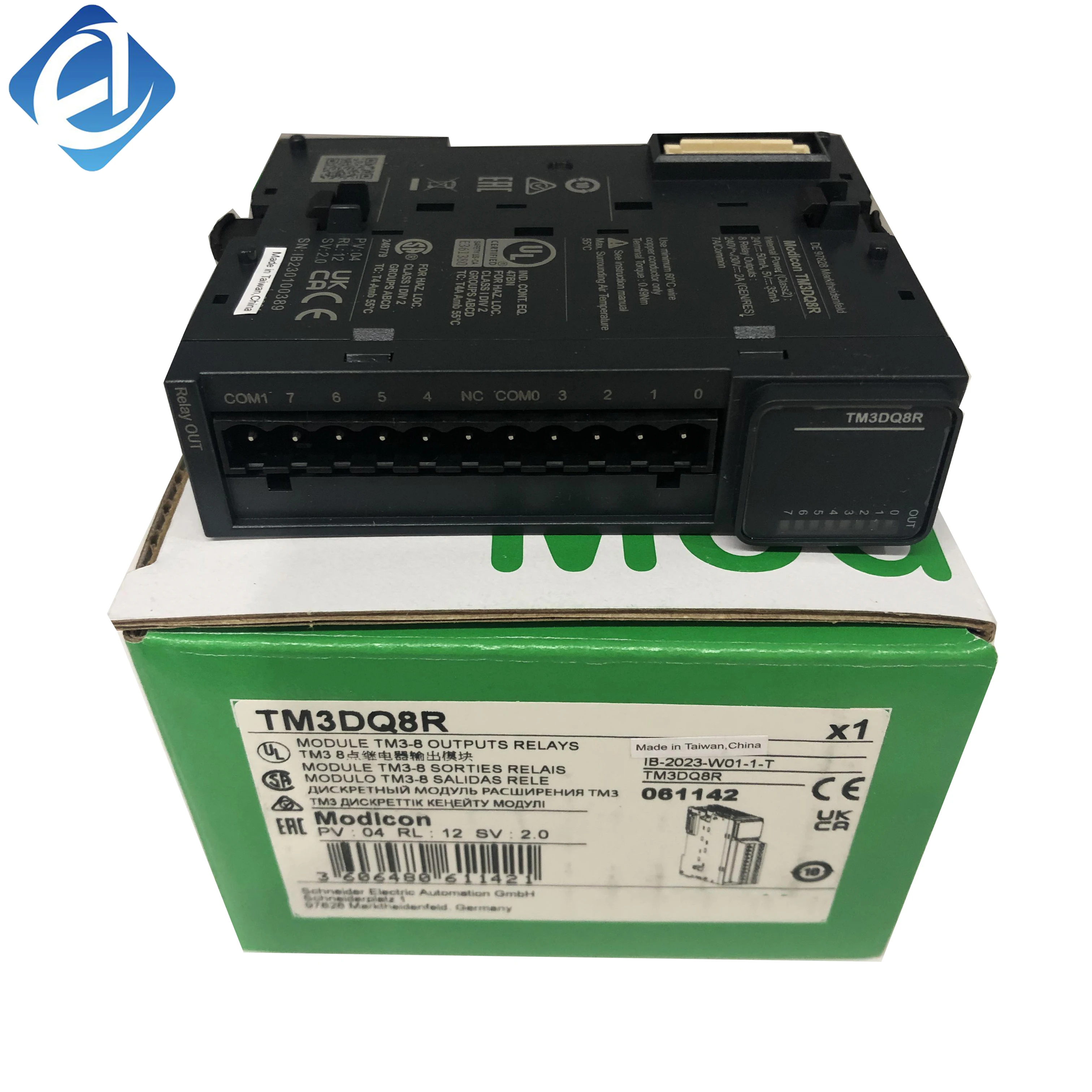 New Original TM3DQ8R Modicon TM3 digital output module. 8 relay output channels, stable load driving, strong anti-interference performance, convenient PLC expansion and wiring, widely used in industrial switch control